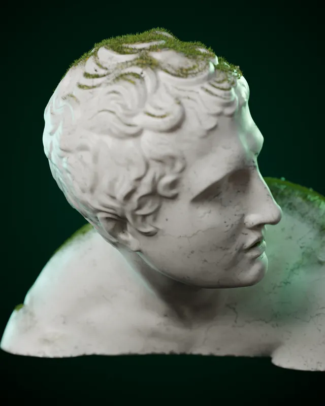 Busto de Hermes em mármore, com musgo