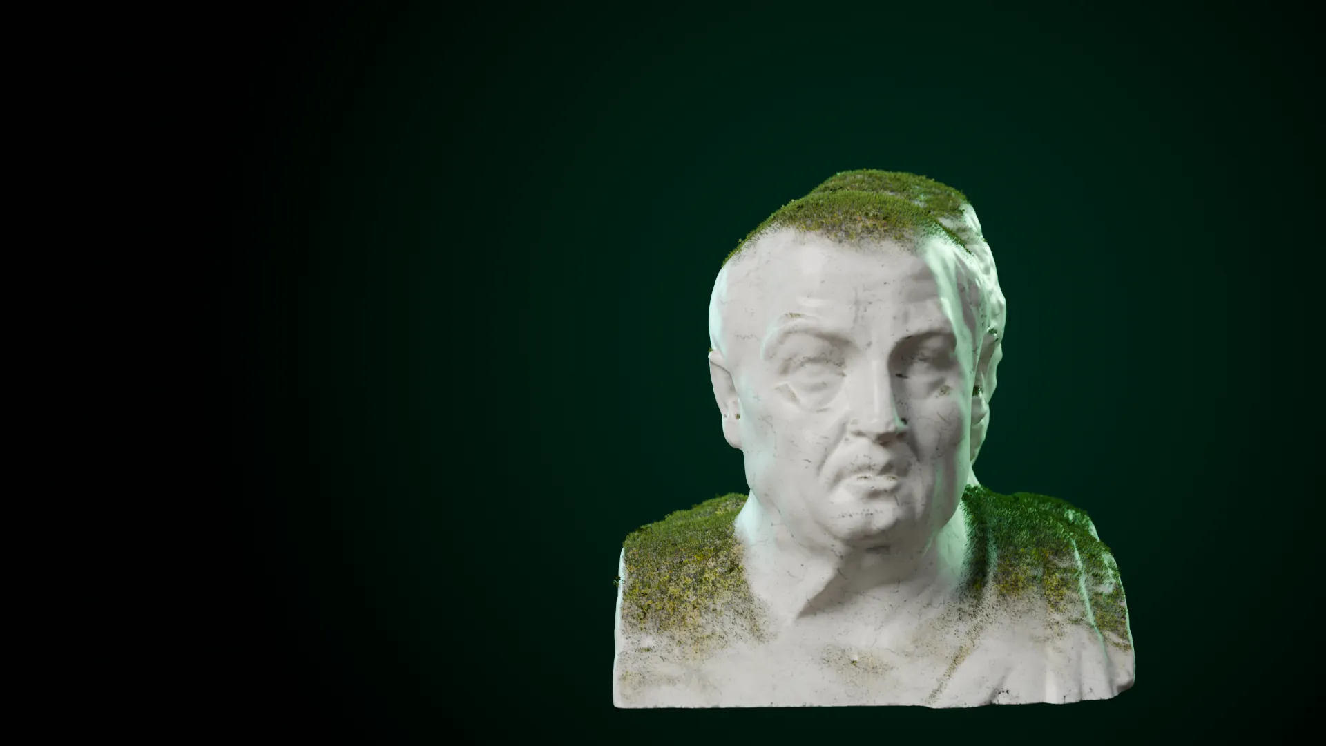 Busto de Sêneca em mármore, com musgo nos ombros e no alto da cabeça