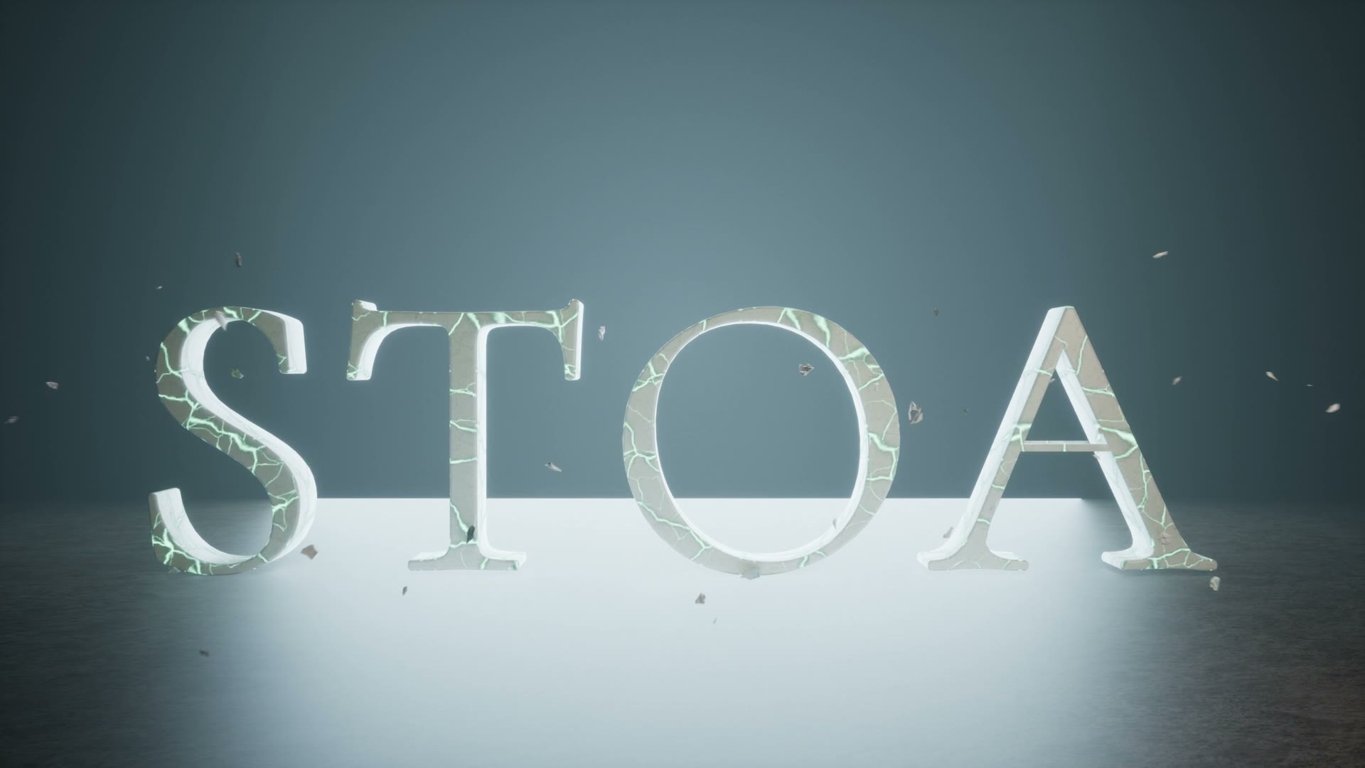 Quadro do trailer, ainda apagado: as letras STOA em mármore, com veios de luz verde-menta, sobre uma superfície clara